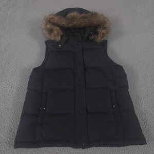 Gap Vest Womens S Black Faux Fur Trim Matte Puffer Down Fill Removable Hood